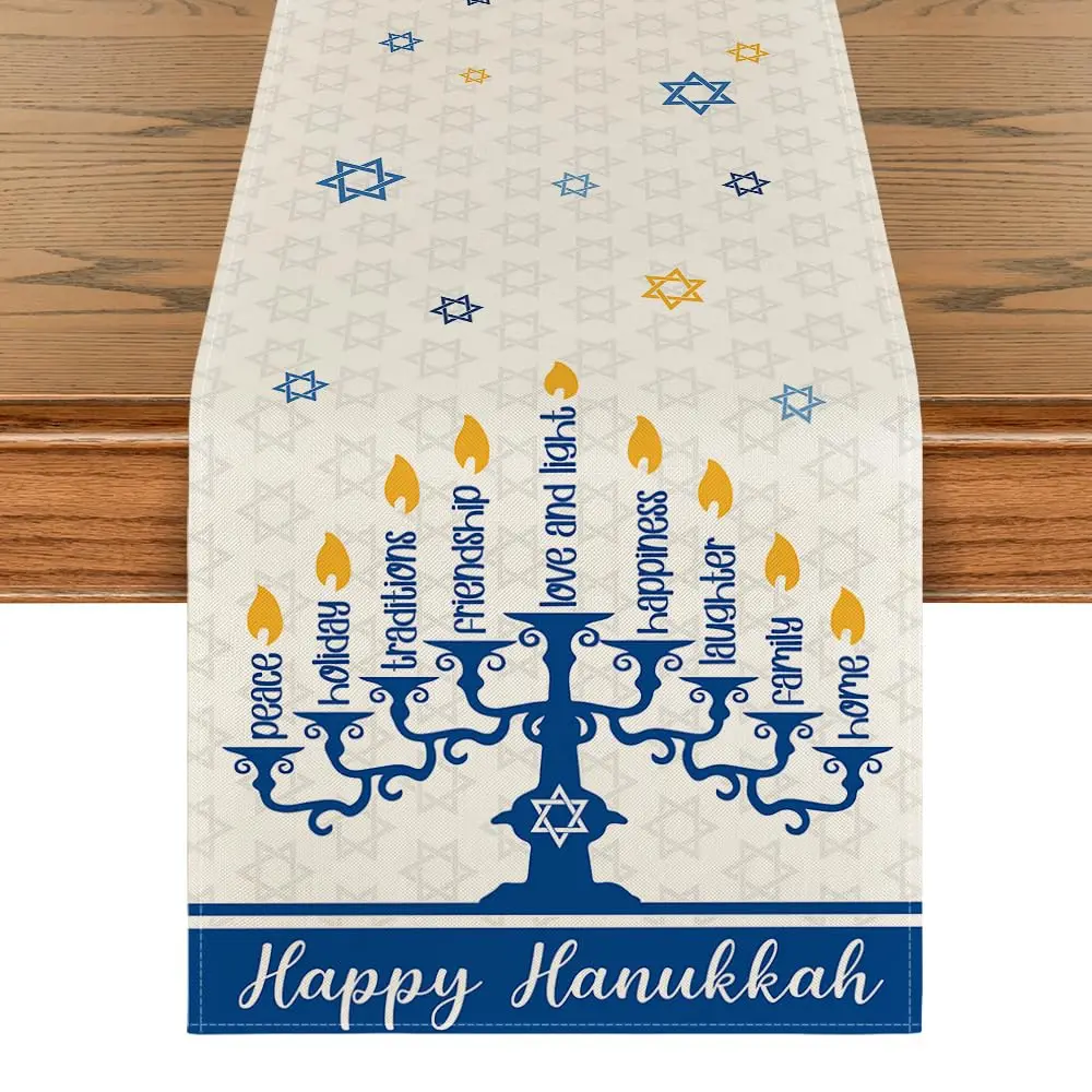 Menorah Candle Hexagram Happy Hanukkah Table Runner, Peace Love and Light Chanukah Kitchen Dining Table Runner for Home Decor