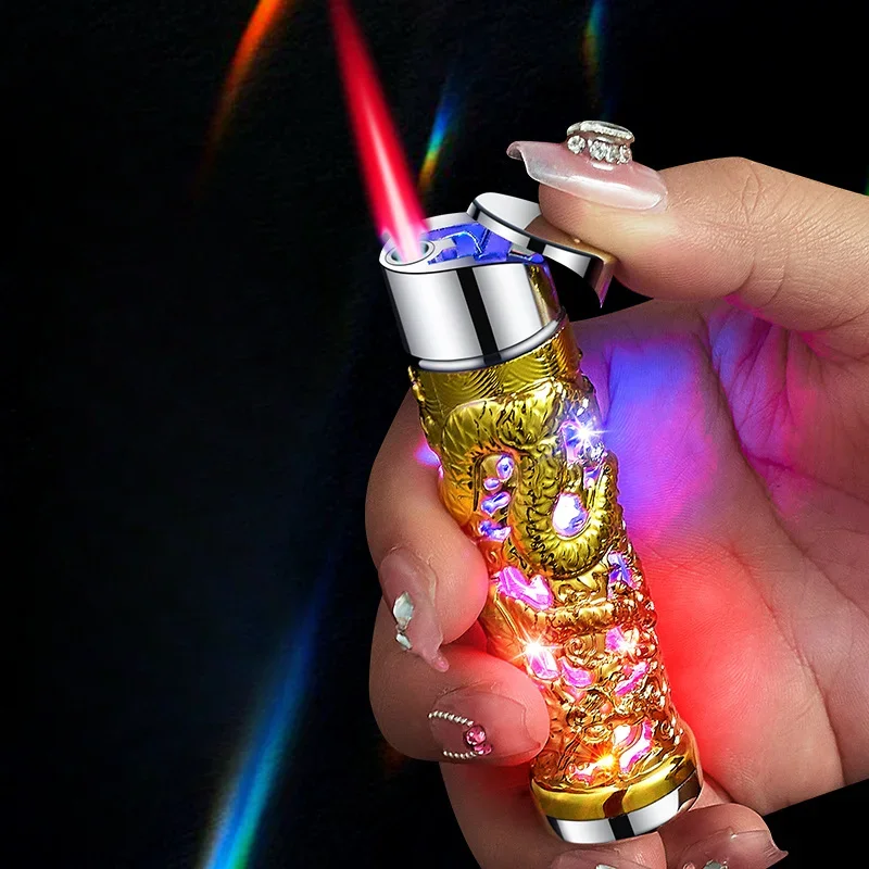 New Embossed Relief Dragon Design Torch Lighter Refillable Butane Windproof Jet Red Flame Lighter for Gifts (Without Butane)