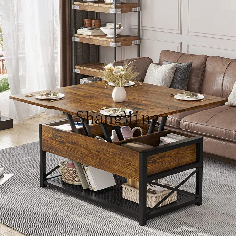 FG Wooden Multifunctional Adjustable Folding Coffee Table for Home Indoor Living Room Large Capacity Storage Organizer Table