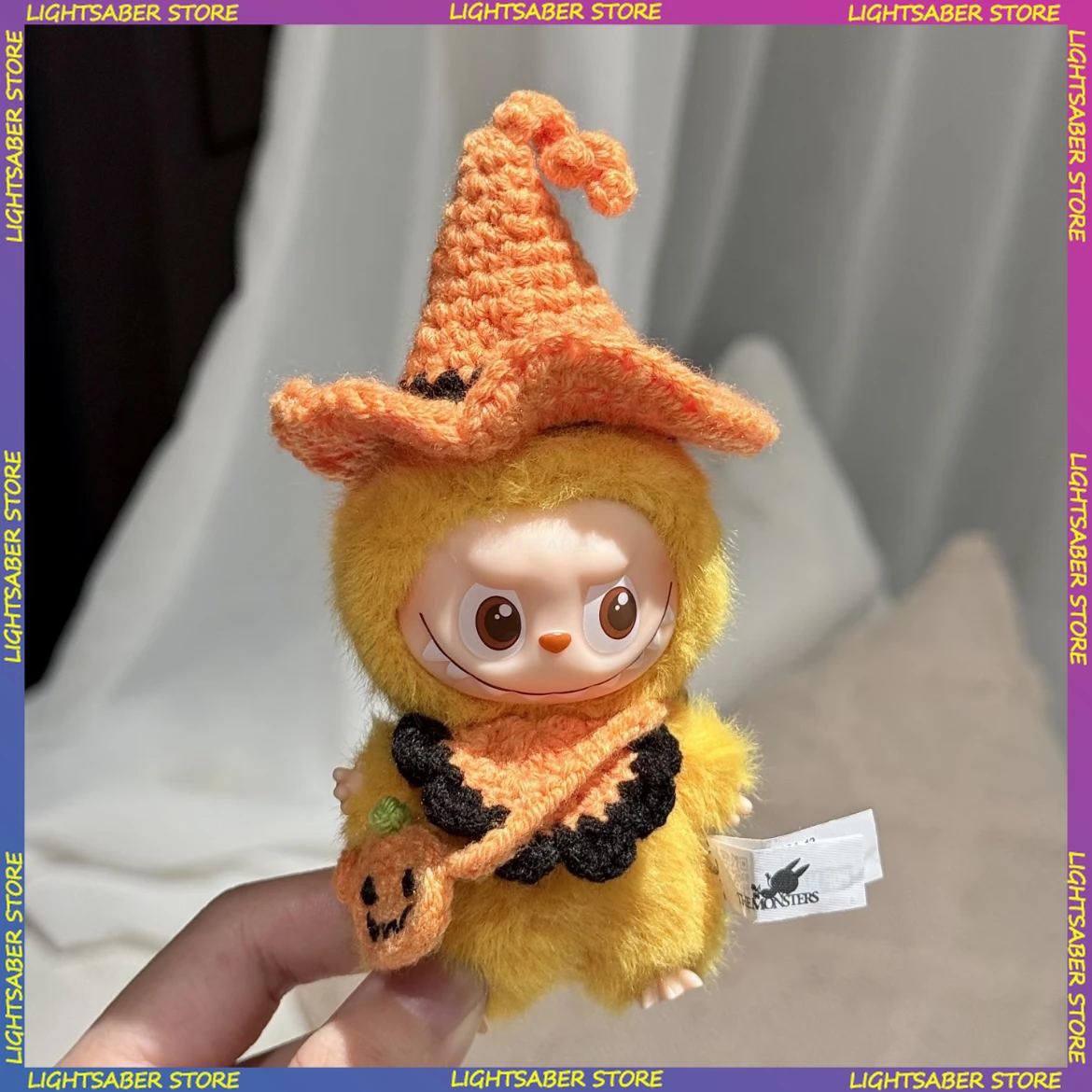 

Для Labubu 4,0 одежда на Хэллоуин, шляпа ведьмы ручной работы, нагрудник с сумкой, мини-плюшевая кукла, одежда, модные аксессуары для кукол, подарок