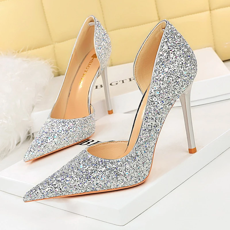 BIGTREE New Women Pumps Sequin Cloth High Heels Fashion Wedding Shoes Stilettos Sexy High-heeled Shoes Women Large Size 41 42 43