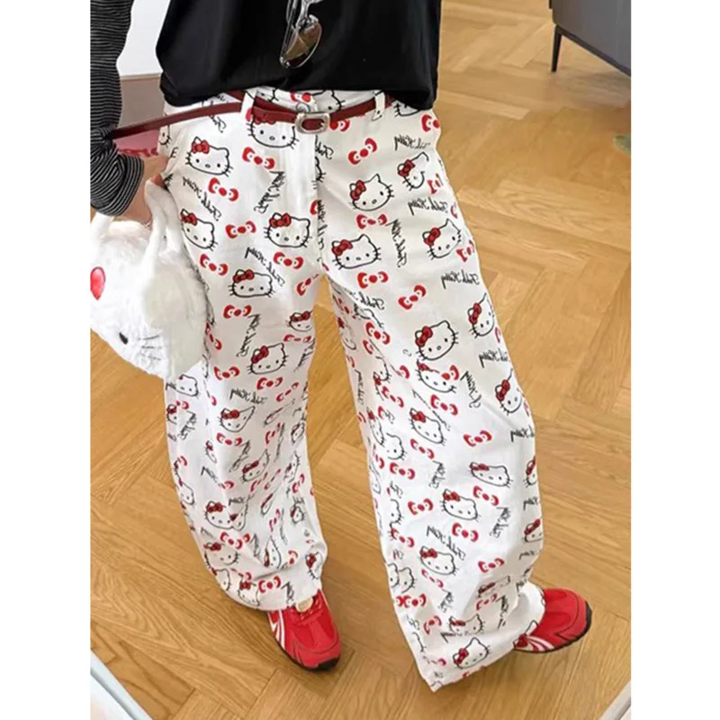 

Sanrio Hello Kitty American Style Printed Wide Leg Jeans Women Summer Fashion Slim Fit Straight Leg Pants Commuting Casual Pants