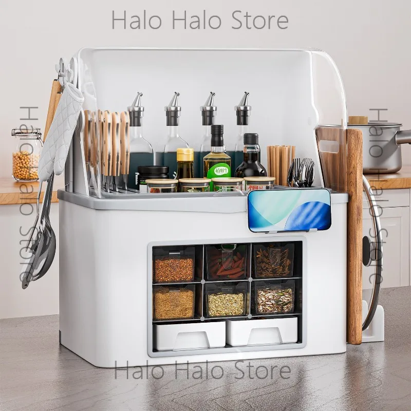 Kitchen seasoning rack dust-proof multi-functional condiment storage countertop seasoning box combination set knife holder