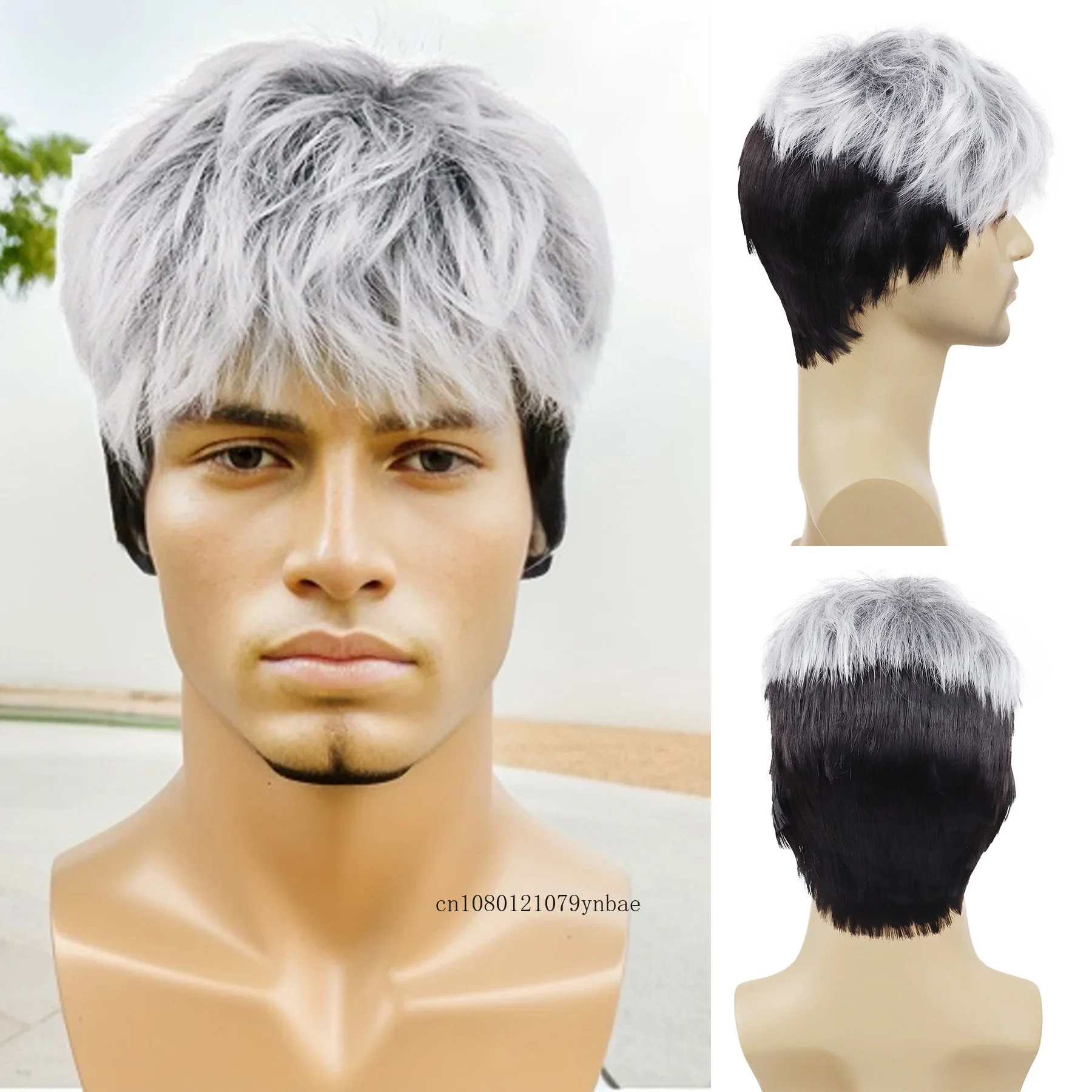 Synthetic Hair Short Cut Wigs Grey Mix Black Layered Wig with Bangs for Men Male Older Man Father Wig Gifts Daily Party Costume