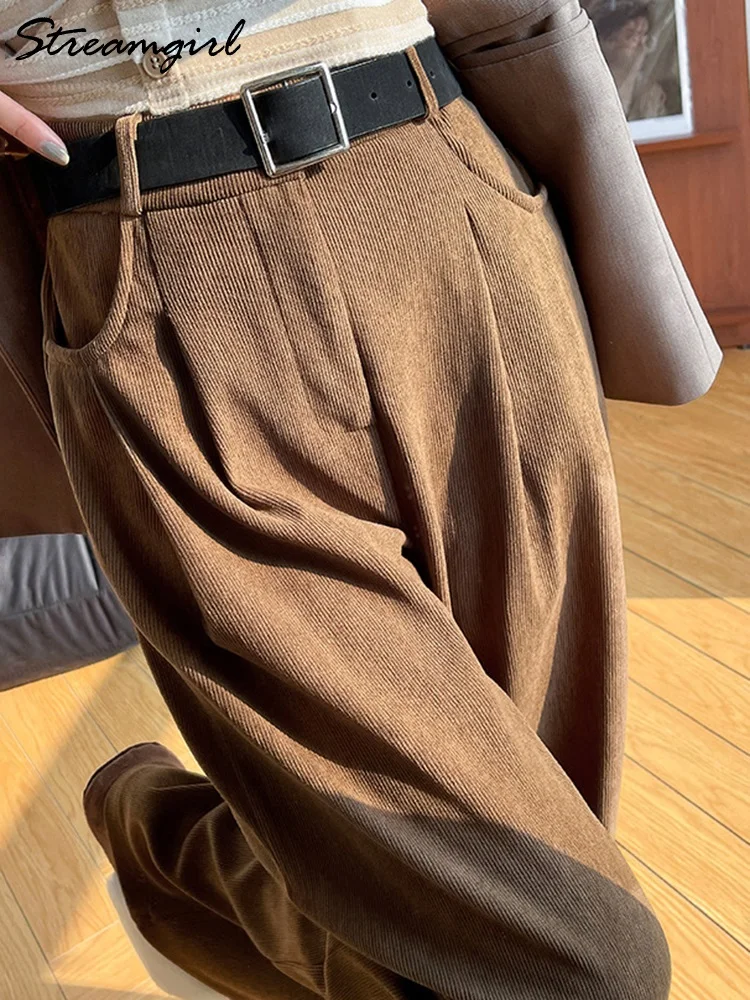 Streamgirl veludo calças retas mulheres cintura alta casual calças de perna larga bege primavera feminino calças marrons vintage formal