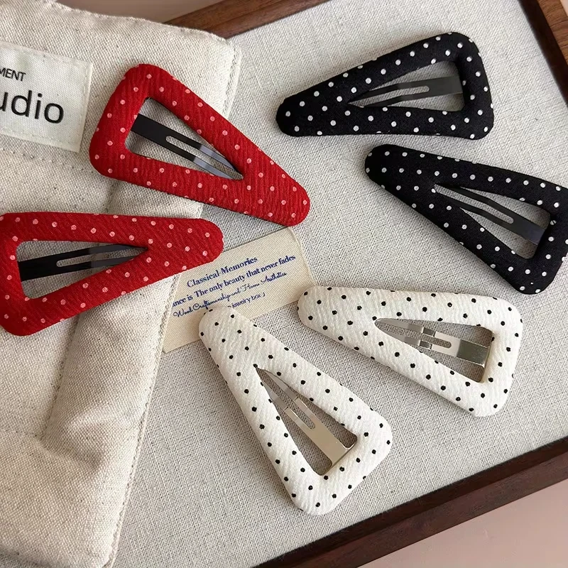Vintage Polka Dot Hollow Triangle Hair Clips Fabric Covered BB Hairpins Sweet Coquette Style Side Bang Barrettes Women Girls Dai