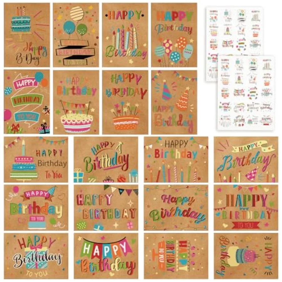 

200 Set Unique Happy Birthday Card Bulk with Envelope and Sticker Blank Greeting Card Large 5 x 7 Inch Suitable for Office Wome