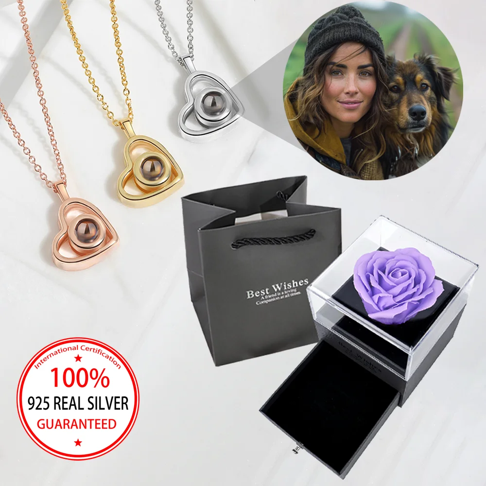

925 Sterling Silver Custom Photo Projection Heart Necklace With Multi Color Rose Gift Box Cute Valentine's Day Simple Exquisite