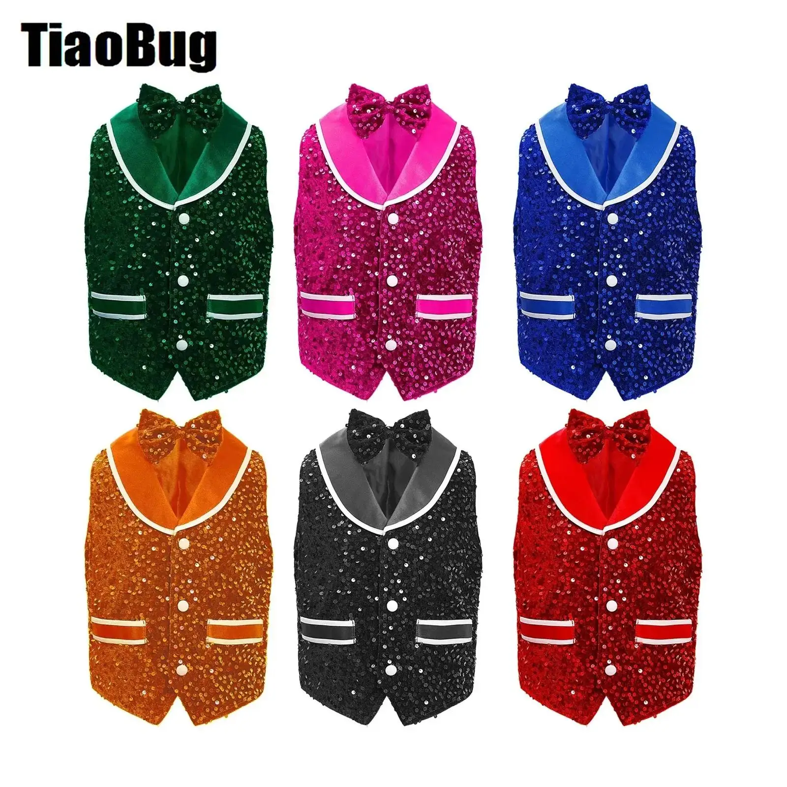 

Kids Boys Girls Sequins Dance Vest Tops Sparkling Velvet Party Vest Buttons Irregular Hem Waistcoat with Bowtie
