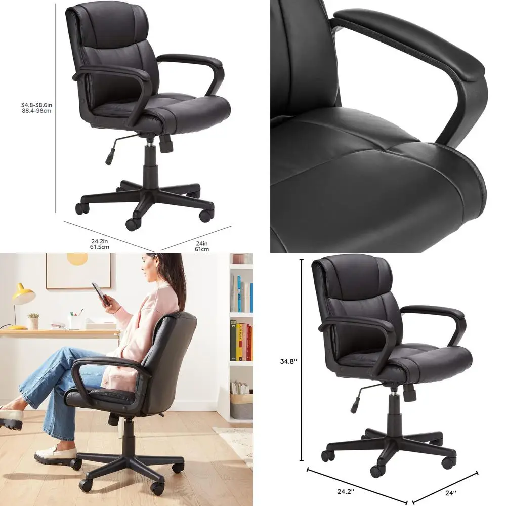 

Эргономичное поворотное кресло со средней спинкой и мягкими подлокотниками, регулируемое, выдерживает до 275 фунтов, 24,2D x 24W x 34,8H, черная искусственная кожа.