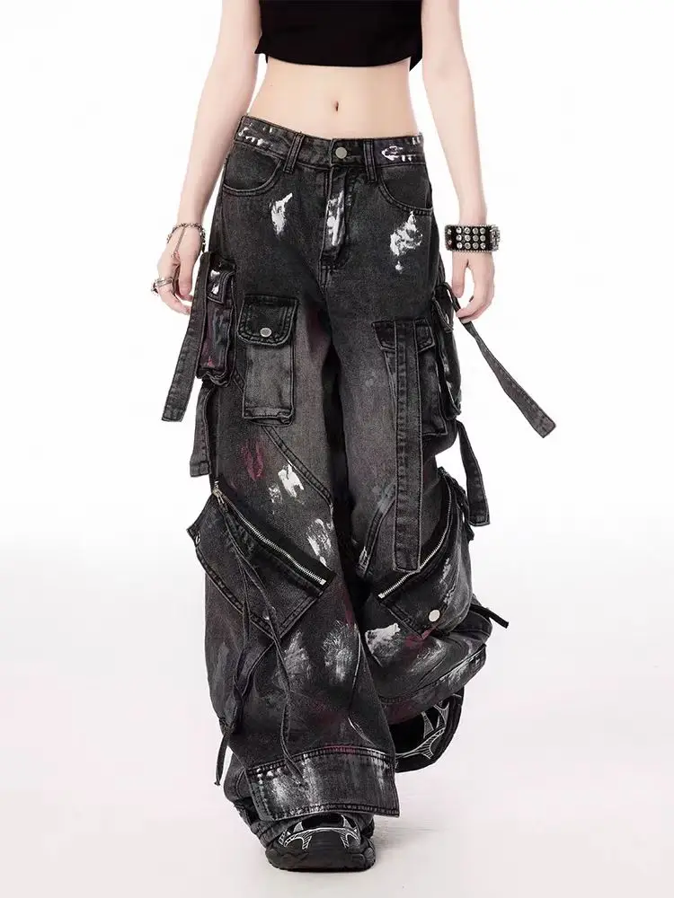 Pantalones Anchos Y2K Harajuku Góticos Multibolsillos Negros Lavados para Hombre y Mujer, Estilo Industria Pesada de los 2000s, Hip Hop Urbano