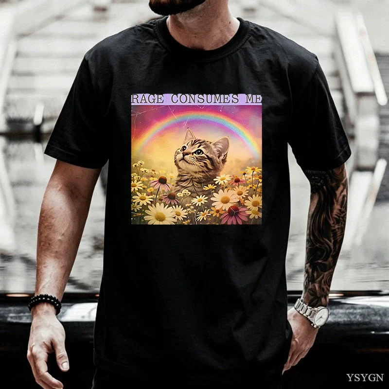 Retro Rage Consumes Me Men T Shirt Funny Kitten Graphic Tees Rainbow Cat Tee Men Women Casual Round Neck Printed Tees Tops