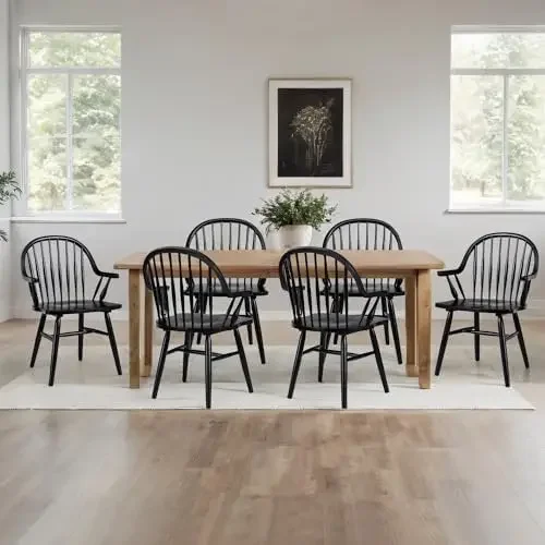 Wooden Black Dining Chairs Set of 6, Windsor Spindle Back Dining Chair with Arms Farmhouse Solid Wood Kitchen Chairs