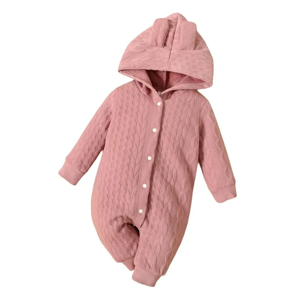 0-18 Months Newborn Baby Boy Girl Bodysuit Solid Color Hoodie Long Sleeve Romper Autumn&Winter Warm Jumpsuit Clothes For Baby