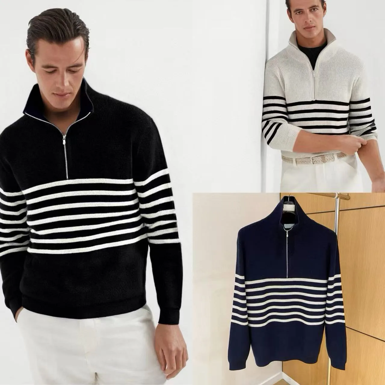 

BC Italian autumn and winter new men's striped half-zipper lapel knitted sweater old money wind long-sleeved sweater