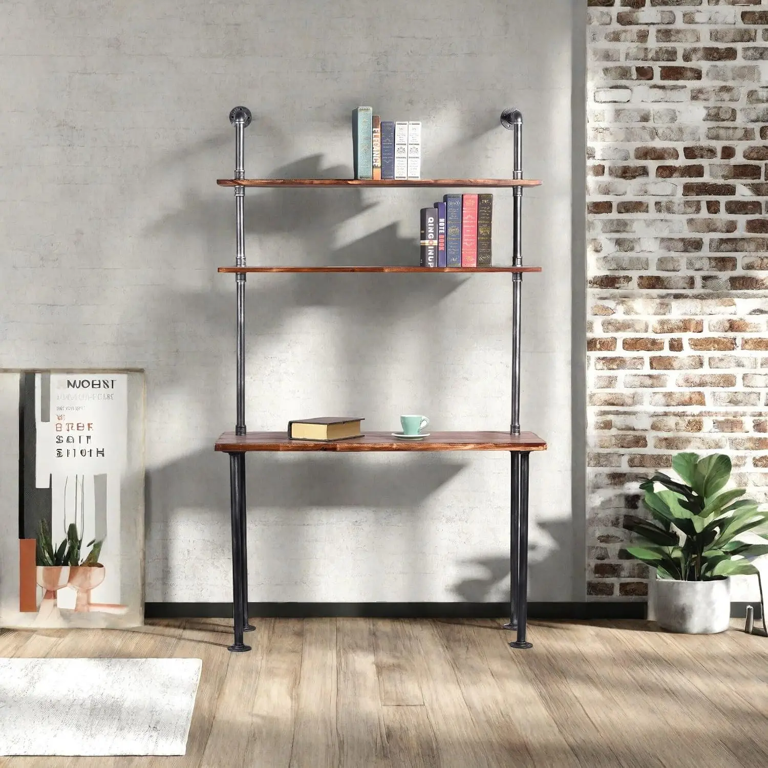 79-inch Industrial Solid Wood Pipe Desk with Shelves for Home Office (L:47.3