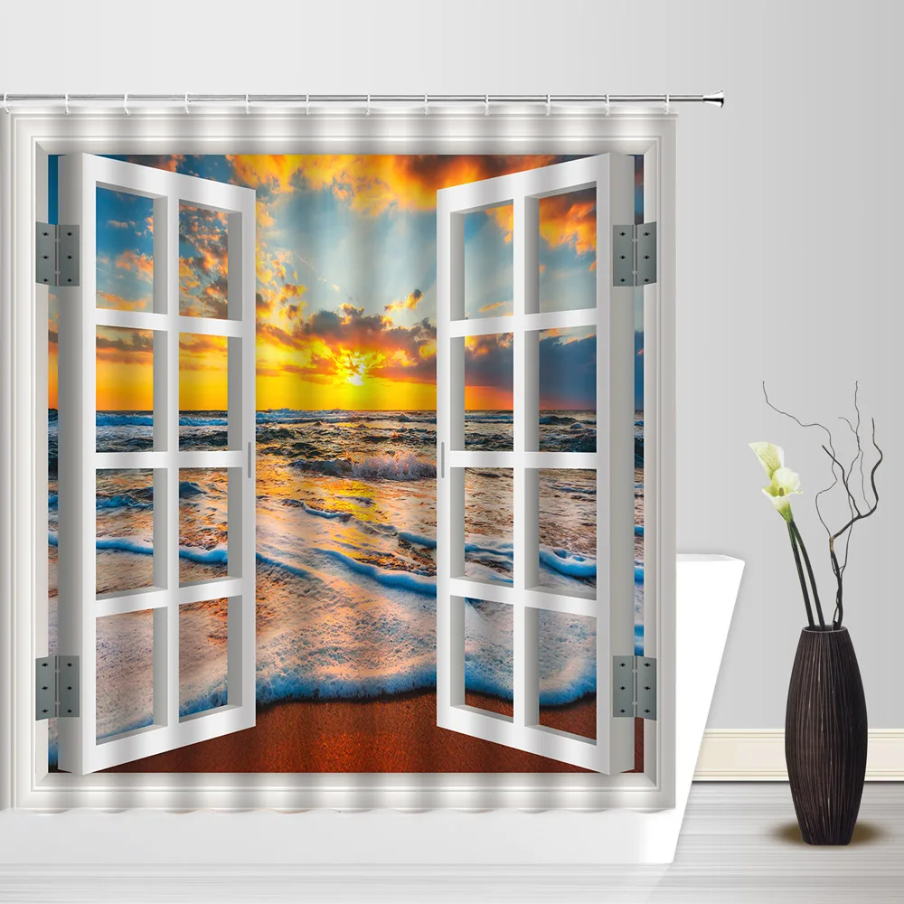 Coastal Landscape Shower Curtain, Beach Sunset Palm Tree Window Outside Waves Sunshine Colourful Clouds Landscape Bathroom Decor