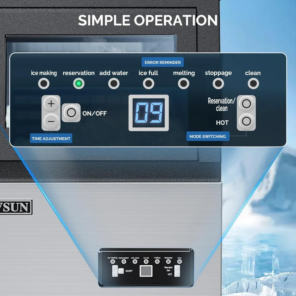 Commercial Ice Maker Machine with 2 Water Inlets, Freestanding Ice Machine with 24lbs Storage Bin, Ice Scoop & Water Filter