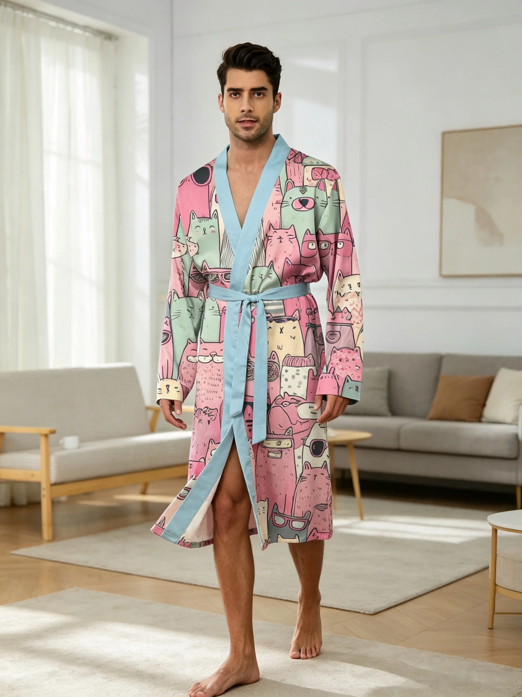Men's lightweight quick-drying pajama bathrobe - 3D digital printing, non-fading design, stand-up collar and adjustable waistban