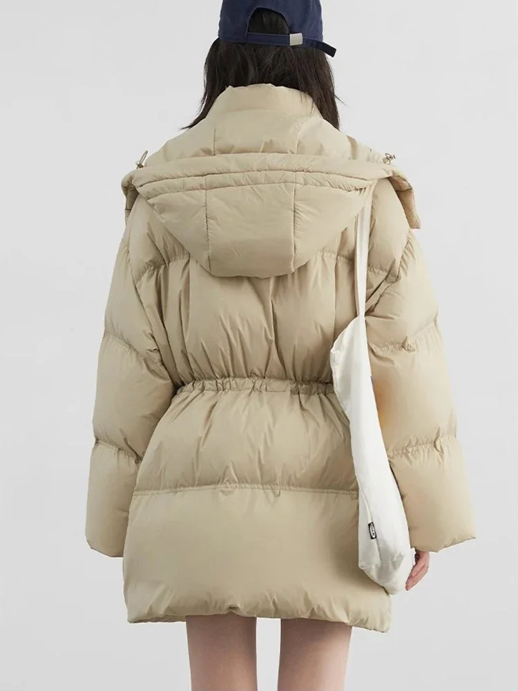 CHIC VEN Women Down Jacket Loose Solid New Hooded Waist Puff Female Down Jacket Medium Long 90 White Duck Coat Winter 2024