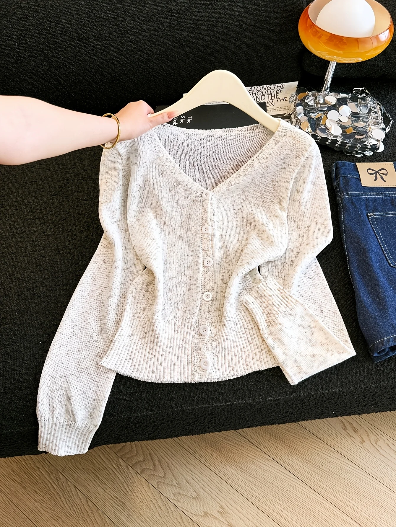 Women's V-Neck Waisted Slimming Knit Cardigan, Lightweight Ice Silk Long Sleeve Air Conditioning Top, Fashion All-Match Outwear