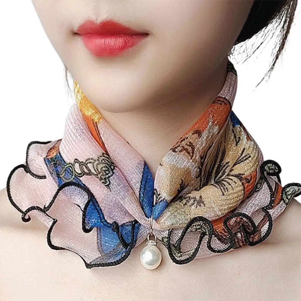 Elegant Women Scarf Painting Print Imitation Pearl Durable Ruffle Edge Lady Headscarf Banquet Neck Wrap Scarf