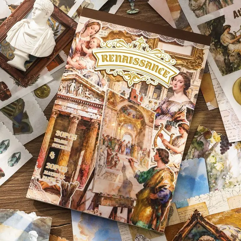 50 Sheets Per Book European Vintage Sticker Book, Retro Aesthetic Decorative Stickers for Journal Scrapbook DIY Collage Crafts