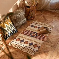 Boho Retro Hand Tassel Woven Cotton Linen Carpet Bedside Rug Geometric Floor Mat Long Rug Bedspread Tapestry Home Decoration