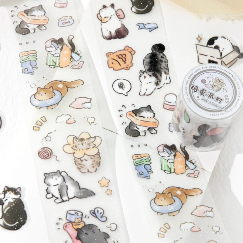 50mm * 2m Lucky Cat Series Kawaii Flash Sand Die Cutting Tape DIY Diary Phone Case Aesthetic Scrapbook Stickers