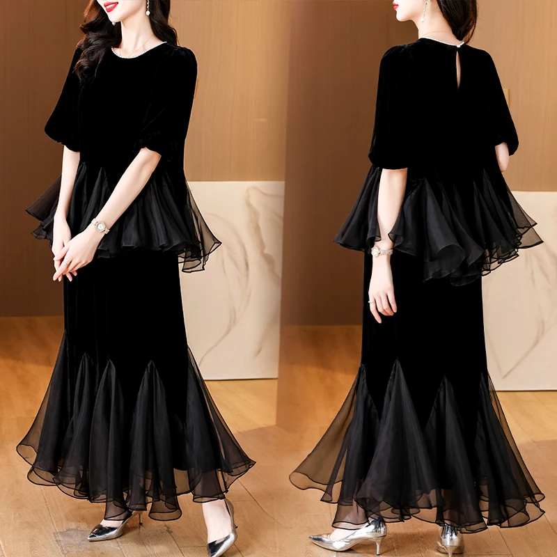 Autumn Black Velvet Long Sleeve Top Coat+Hlaf Length Skirt Two Piece Sets 2024 Female Chic Patchwork Beading Ruffled Dress Suits