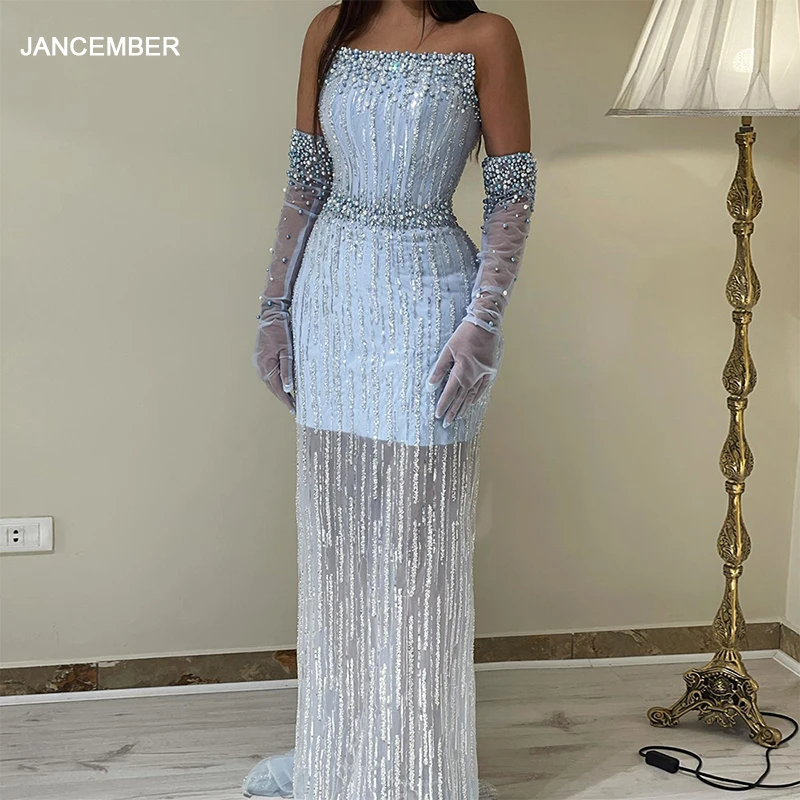 

Jancember Light Blue Pearls Luxury Dubai Evening Dresses 2024 Elegant Strapless Arabic Women Wedding Party Formal Gowns Scz139