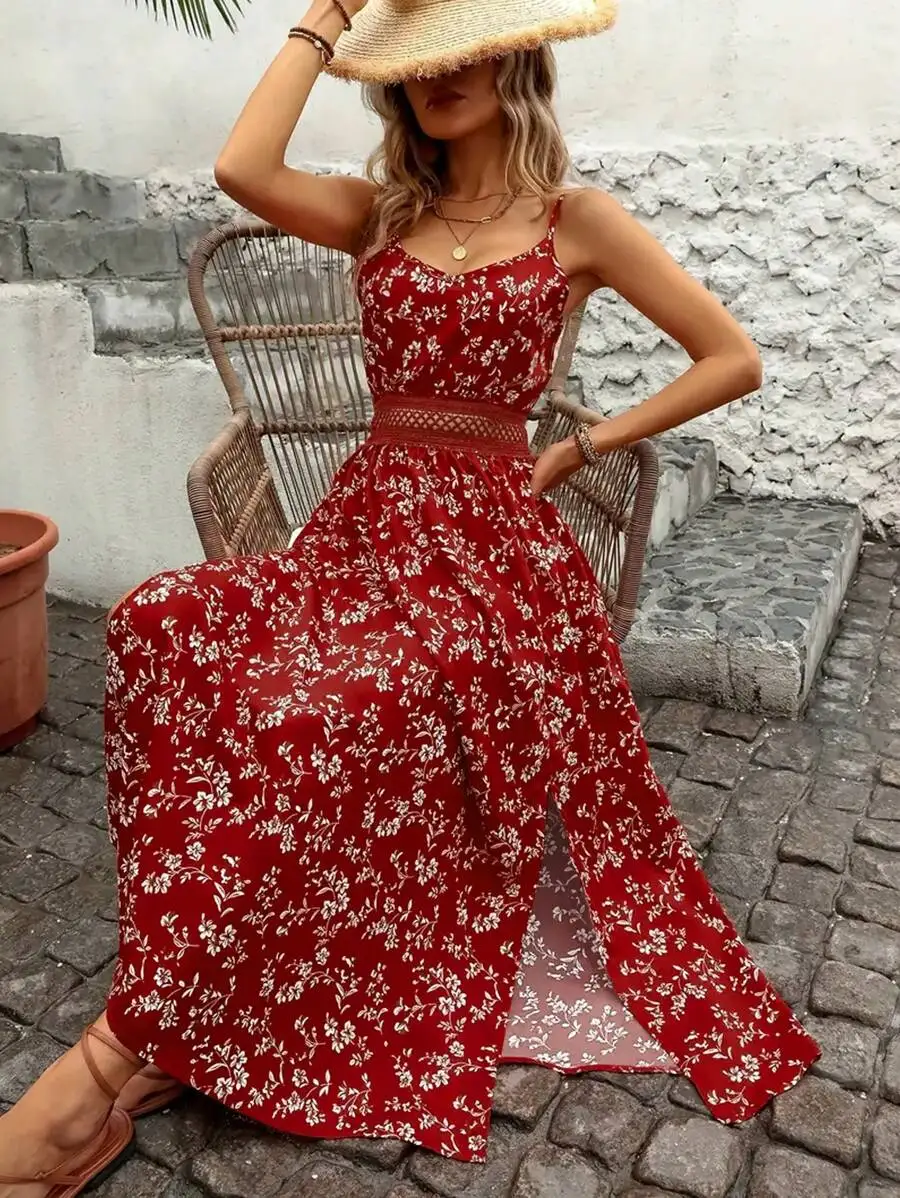 

Red Ditsy Floral Maxi Dress With High Slit And Lace Waist Casual Summer Party