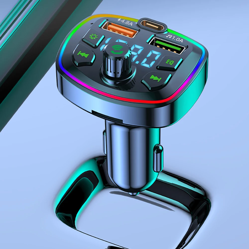

Автомобильный Bluetooth-совместимый FM-передатчик 5.0 PD 18 Вт Type-C с двумя USB-портами, быстрое зарядное устройство, красочный окружающий свет, прикуриватель
