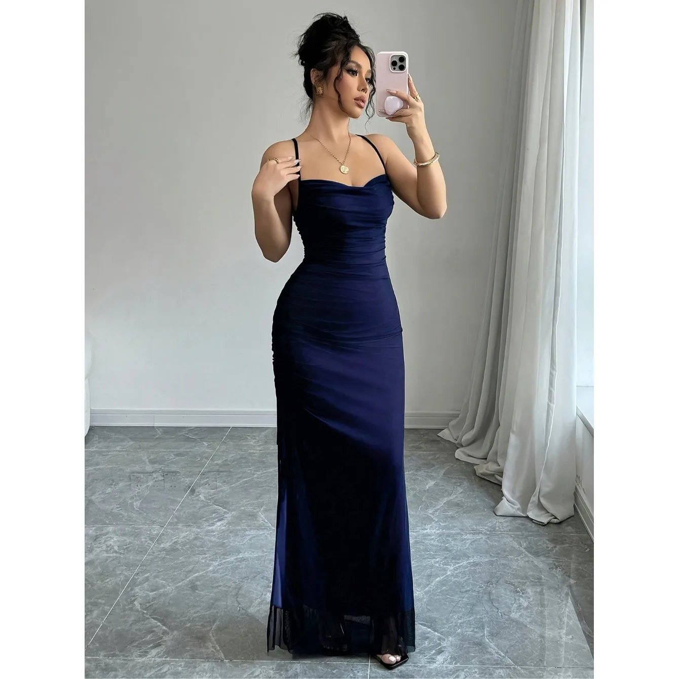 Elegant Long Cross Back Splice Net Dress Women's Fashion Polyester Fiber No Sleeve H-Shape Knitted Gown for All Seasons