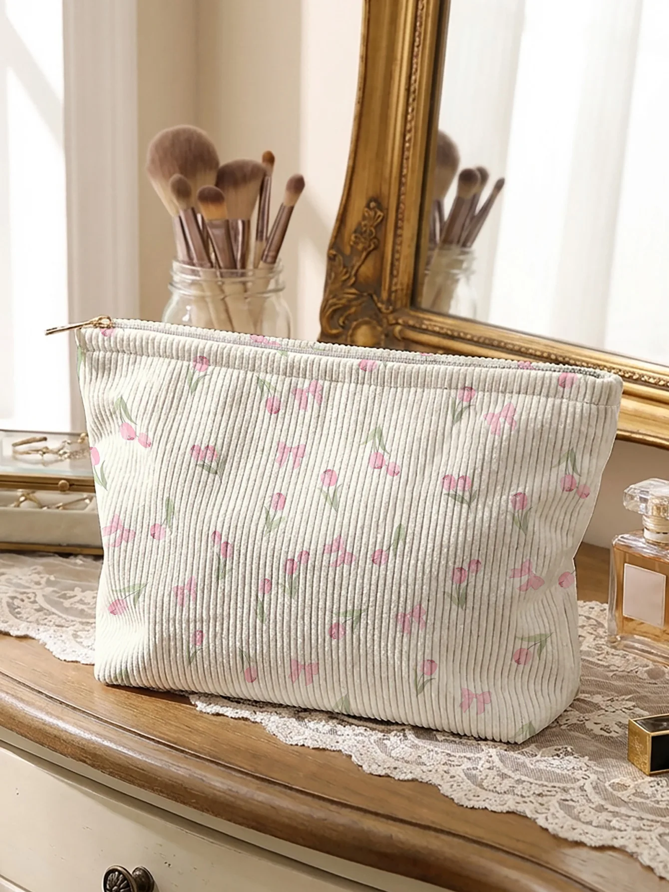Ditsy pink tulip printed corduroy makeup bag, lightweight zipper pouch, multifunctional lined cosmetic bag