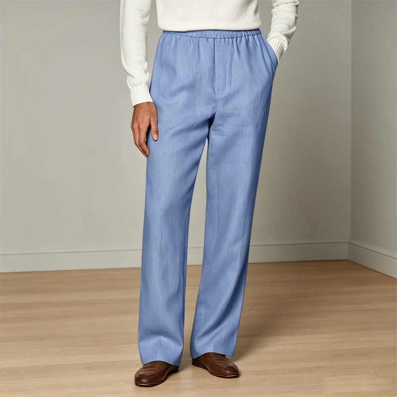 

Men Linen Pants Elastic High Waist Wide Straight Trousers Loose Fit Breathable Lightweight Casual For Summer Beach Daily Holiday