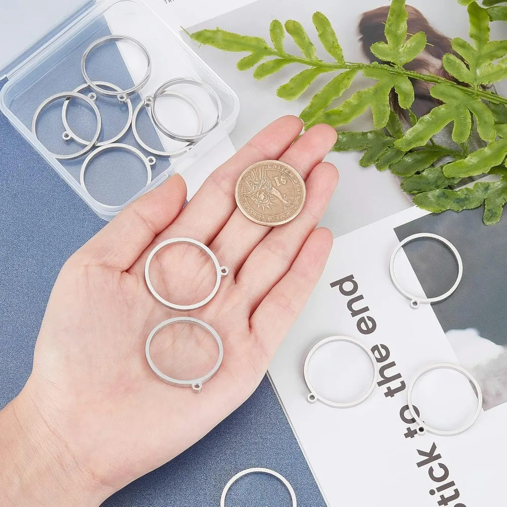 12Pcs Stainless Steel Open Back Bezel Pendants Ring Circle Shape Charms Manual Polishing Hollow Frame Pendants for DIY Resin