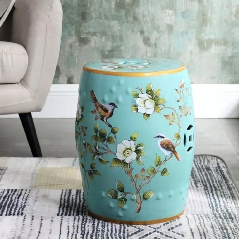 

Новый керамический табурет для барабанов в китайском стиле, пуфик с цветочным рисунком птицы для прихожей и гостиной, декоративная скамейка для обуви и домашнего декора
