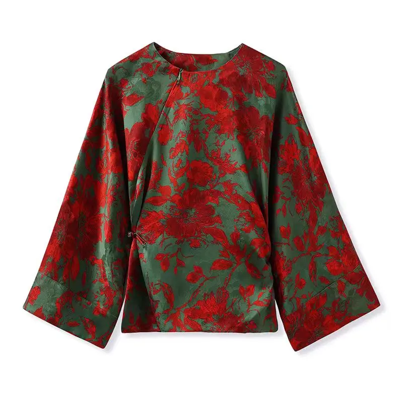 Frühling und Herbst Neue Oansatz + Diagonal Zipper Horn Hülse Retro Stil Elegante Seide Stoff Gedruckt frauen Hemd S-L