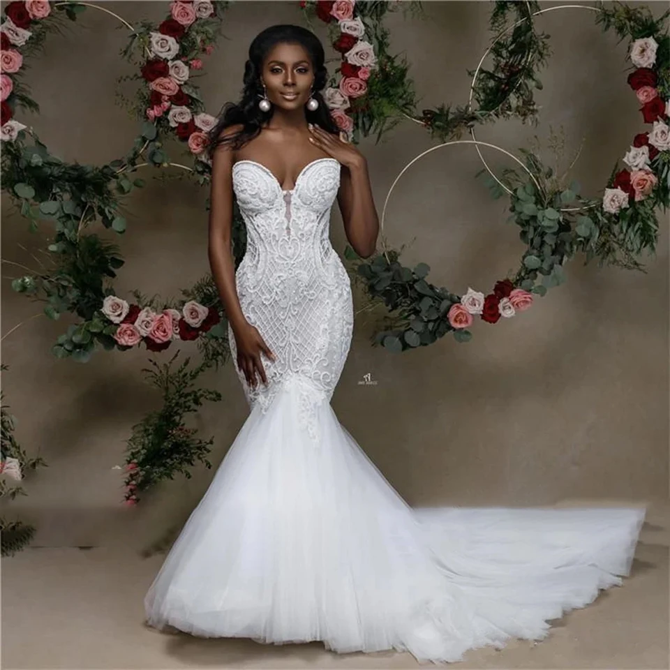 Customized Sweetheart Neck Strapless Appliques Mermaid Wedding Dresses for Women 2025 Court Train Bridal Gowns Vestido De Noiva