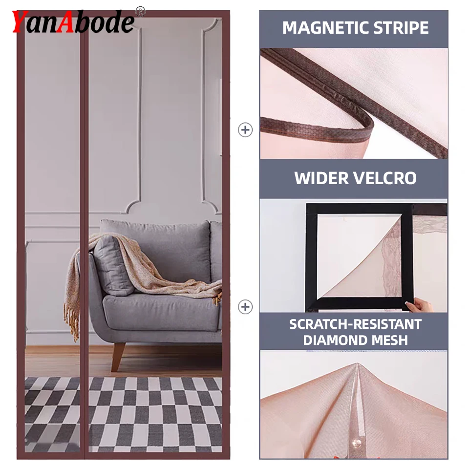 YanAbode Brown Magnetic Mosquito Net Invisible Side Opening Magnetic Door Screen Customer Size Easy Installation For Indoor Use