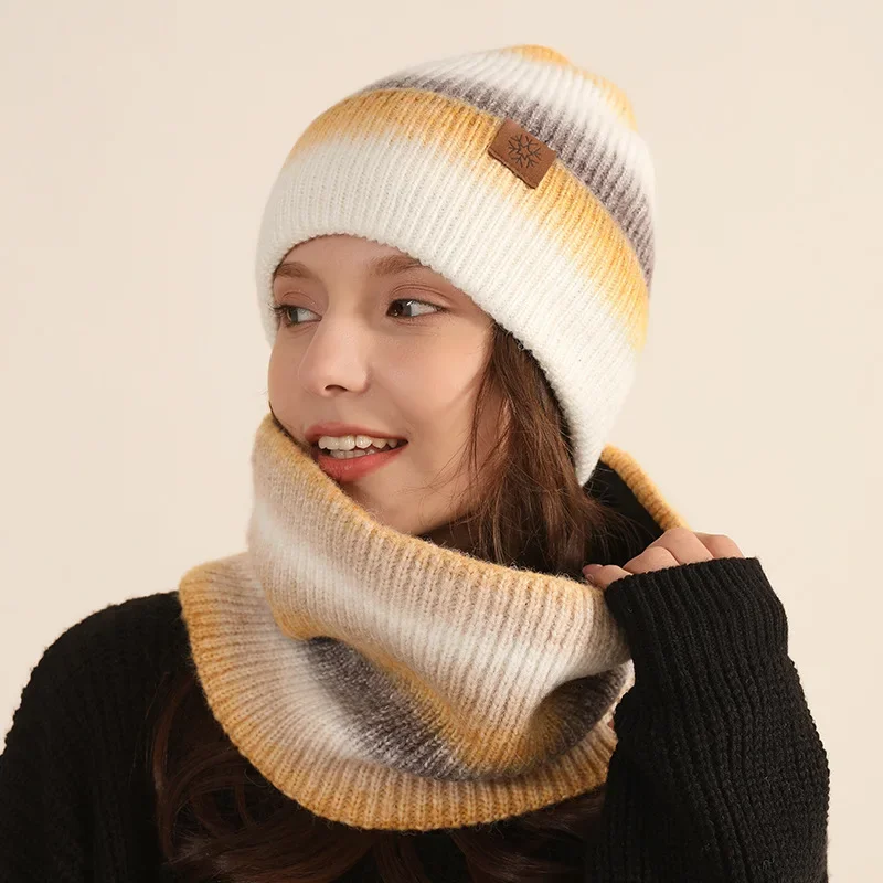 2 Stuks Winter Hoed Snood Sjaal Set Voor Vrouwen Kleurrijke Gestreepte Mutsen Hoed Voor Vrouwen Nek Warmer Pluche Voering Winter Sets Cadeau