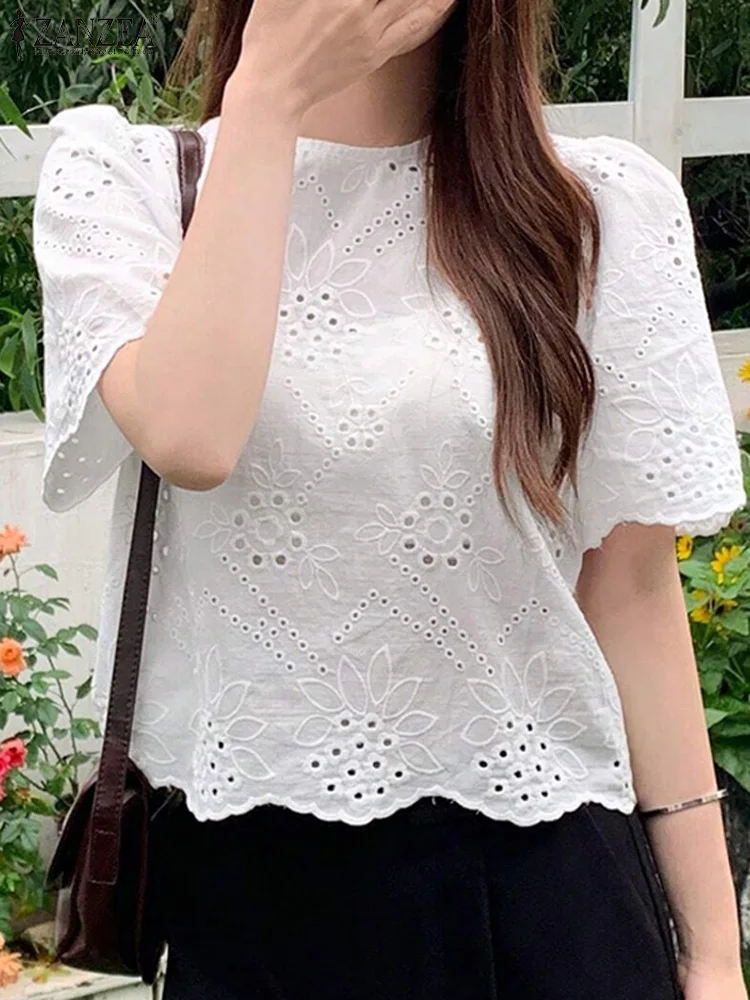 ZANZEA Elegant Women Blouse Summer Half Sleeve Tops Fashion Lace Crochet Work Shirt Casual Hollow Out Bohemain Embroidery Blusas