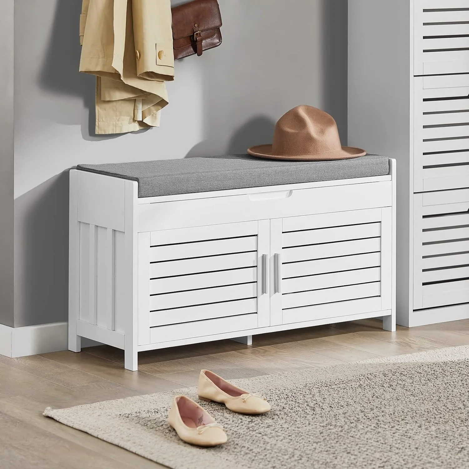 Haotian FSR102-W, White Storage Bench with Lift-Up Top, Cabinet Door and Padded Cushion, Shoe Bench, Shoe Rack for Entryway