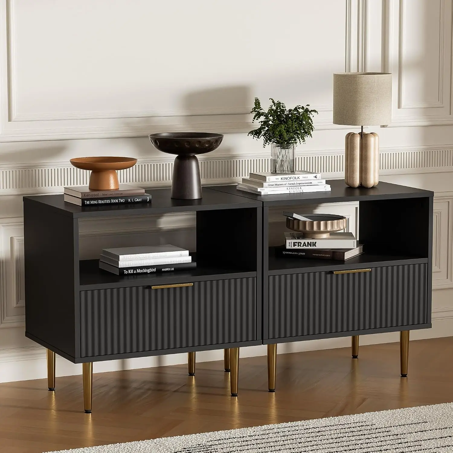 Fluted Nightstand Set Of 2 With Drawer For Bedroom, Black, Customized