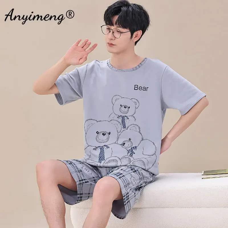 New Summer Knitted Cotton Men Pajamas Set Short Sleeve Shorts Sets Pajama Fashion Pyjamas for Men Bear Print Male Homewear