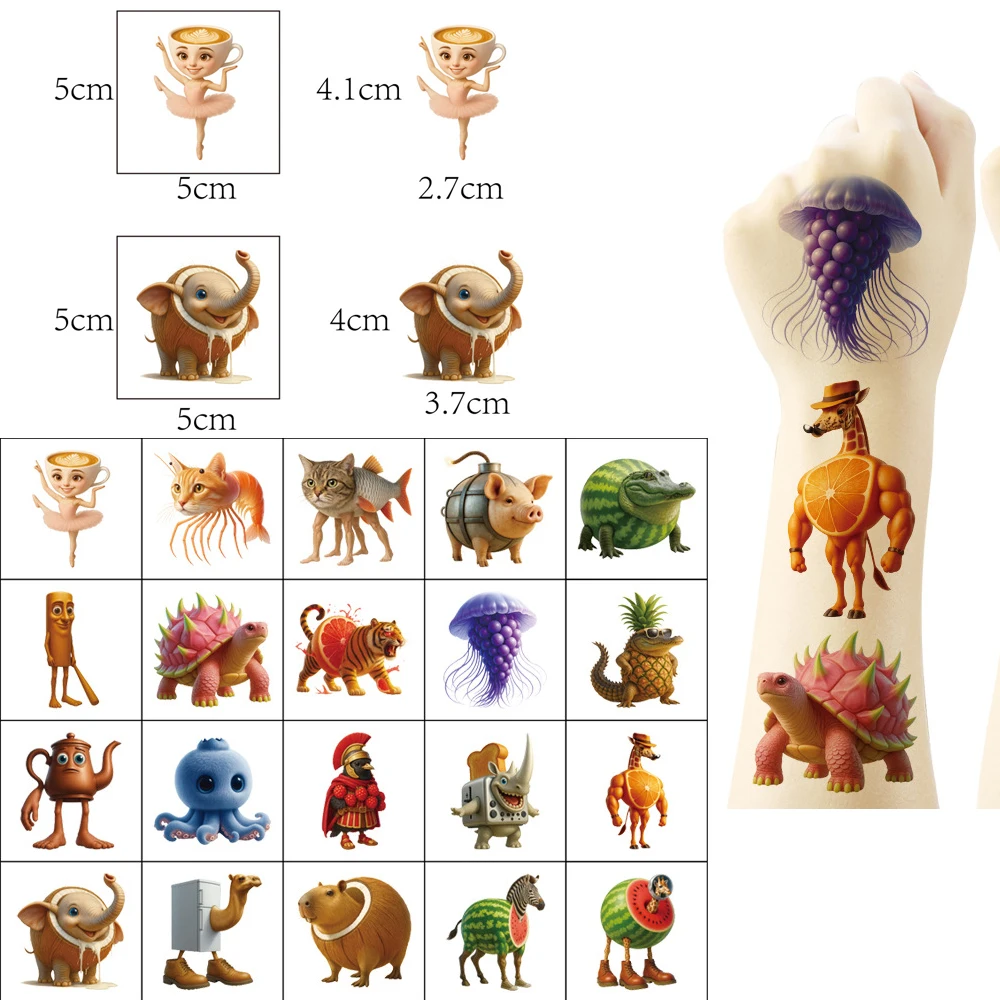 20 pièces abstrait Tung Tung Sahur italien cerveau tatouage autocollants animaux drôles temporaire faux tatouages dessin animé bras visage corps Art