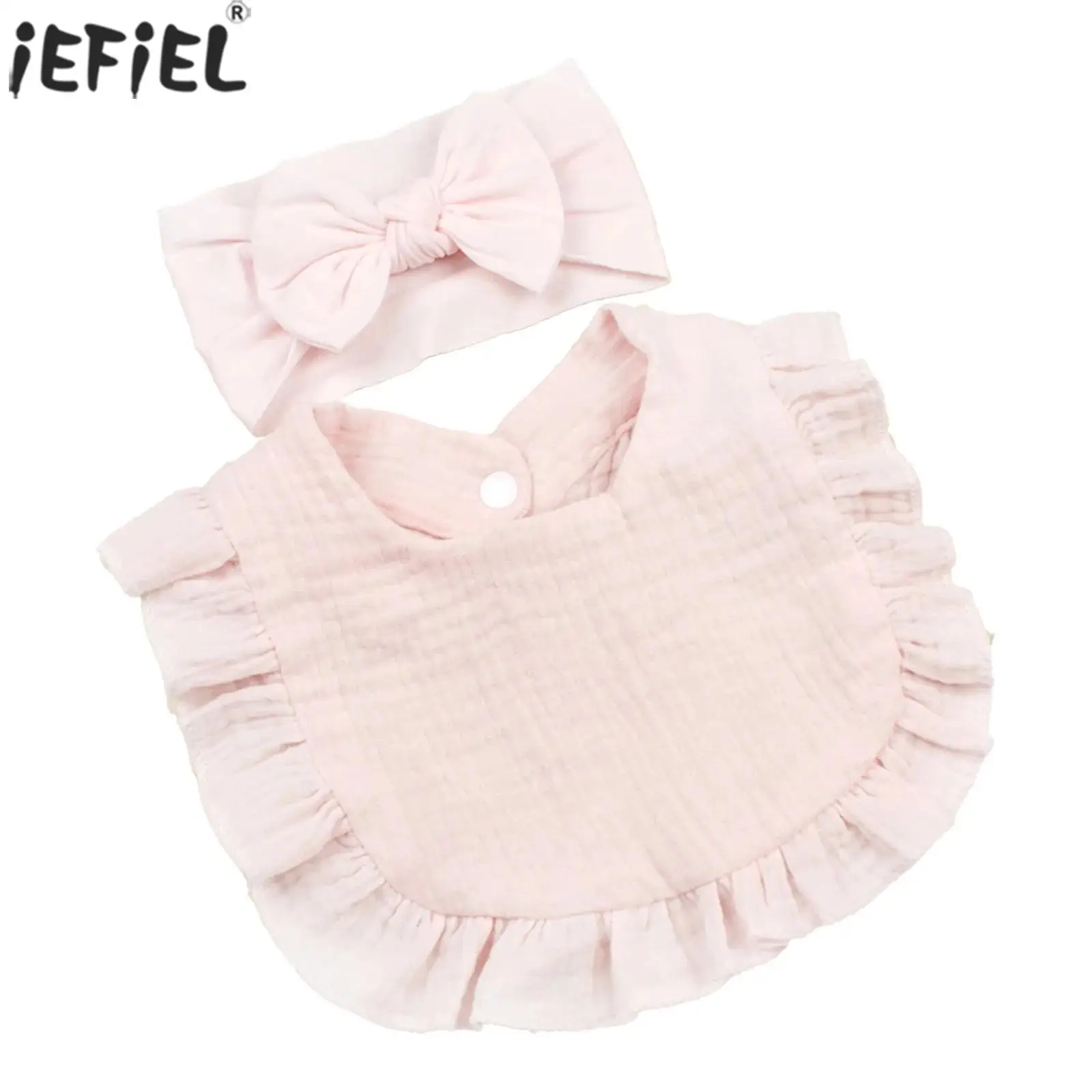 

Toddler Infant Baby Muslin Ruffled Bib Set Solid Color Press Button Bibs with Bowknot Headband for Party Photography Daily Use