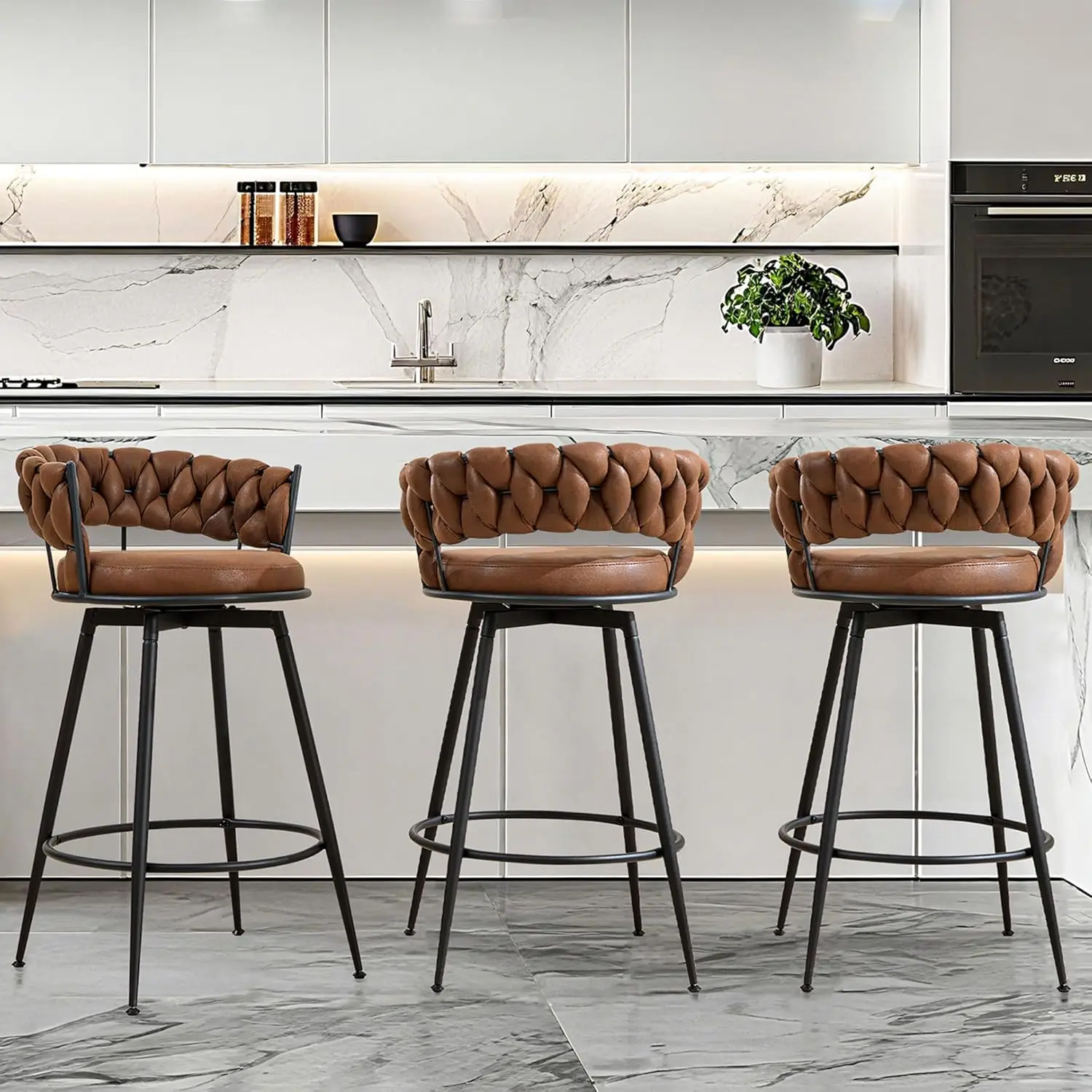 

28in Counter Height Stool with Metal Legs 360° Swivel Woven Back Upholstered Seat Kitchen Island Cafe Bar Chair Set of 3, Custom