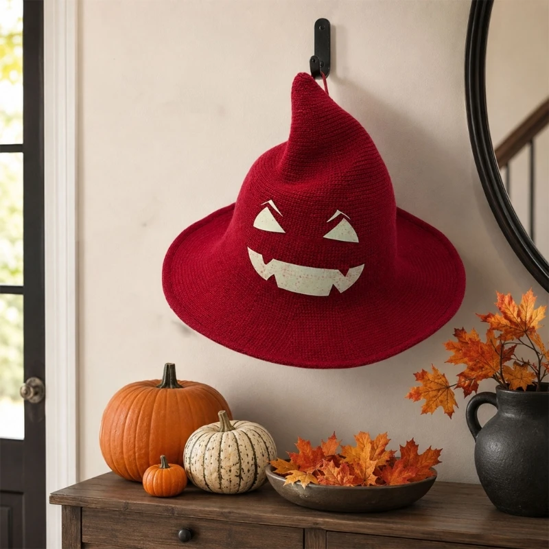 Noctilucence Witch Hat with Skull Face, Pointed and Wide Brims, Knit Wizard Hat for Halloween Costume Styling, Theme Par